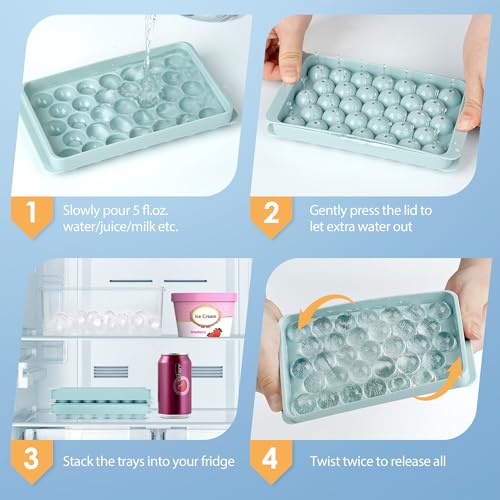 Round Ice Cube Tray with Lid & Bin Ice Ball Maker Mold for Freezer with Container Mini Circle Ice Cube Tray Making 66PCS Sphere Chilling Cocktail Whiskey Tea Coffee (2 Trays 1 Ice Bucket & Scoop)