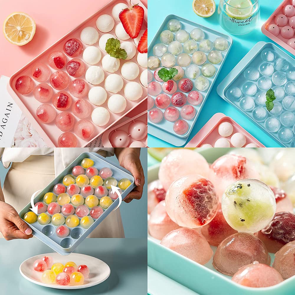 WIBIMEN Ice Cube Tray for Freezer with Lid & Bin, 1"x66 Round Ice Cube Mold with Container, Small Circle Ice Cube Tray Making Sphere Ice Chilling Cocktail Tea Coffee (2 Trays 1 Ice Bucket & Scoop)