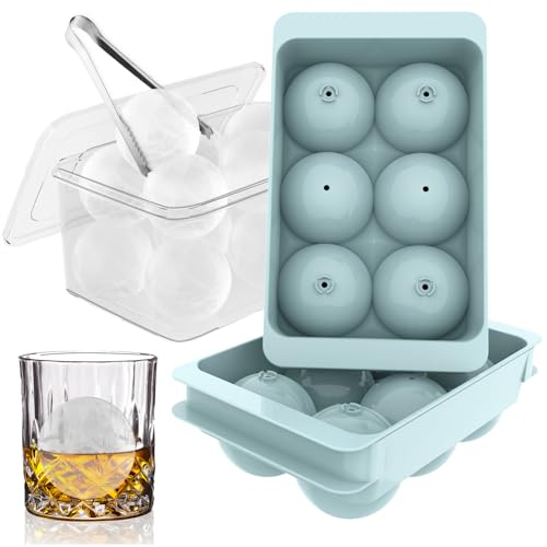 WIBIMEN Large Ice Cube Tray, 1.9IN Whiskey Ice Mold, 2 Pack Sphere Ice Cube Mold with Bin&Tong, Leak-free Round Ice Cube Mold, Easy Fill & Release Ice Ball Maker for Whiskey Cocktails Bourbon(Blue)