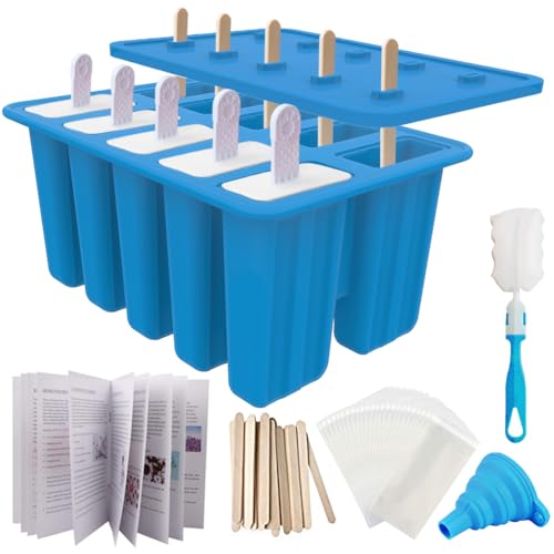 Homemade Popsicle Molds Shapes, Silicone Frozen Ice Popsicle Maker Non-BPA, with 50 Popsicle Sticks, 50 Popsicle Bags, 10 Reusable Popsicle Sticks, Funnel, Brush and Ice Pop Recipes (Blue)