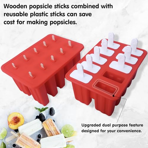 Homemade Popsicle Molds Shapes, 10PCS Silicone Ice Pop Maker Non-BPA, with 50 Sticks, 50 Bags, 10 Reusable Sticks, Funnel, Brush and Ice Pop Recipes