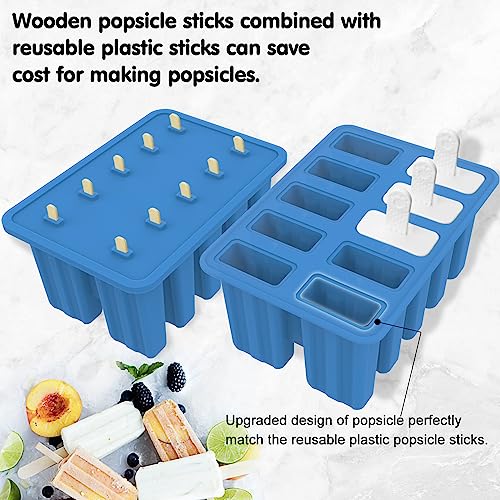 Homemade Popsicle Molds Shapes, Silicone Frozen Ice Popsicle Maker Non-BPA, with 50 Popsicle Sticks, 50 Popsicle Bags, 10 Reusable Popsicle Sticks, Funnel, Brush and Ice Pop Recipes (Blue)