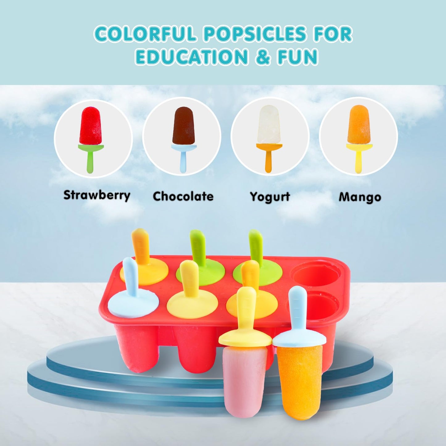 Miaowoof Popsicles Molds, 8-Cavity Silicone Popsicle Molds for Toddlers, Non-BPA Premium Silicone Small Popsicle Molds, Ice Pop Mold with 8 Colorful Reusable Sticks for Kids