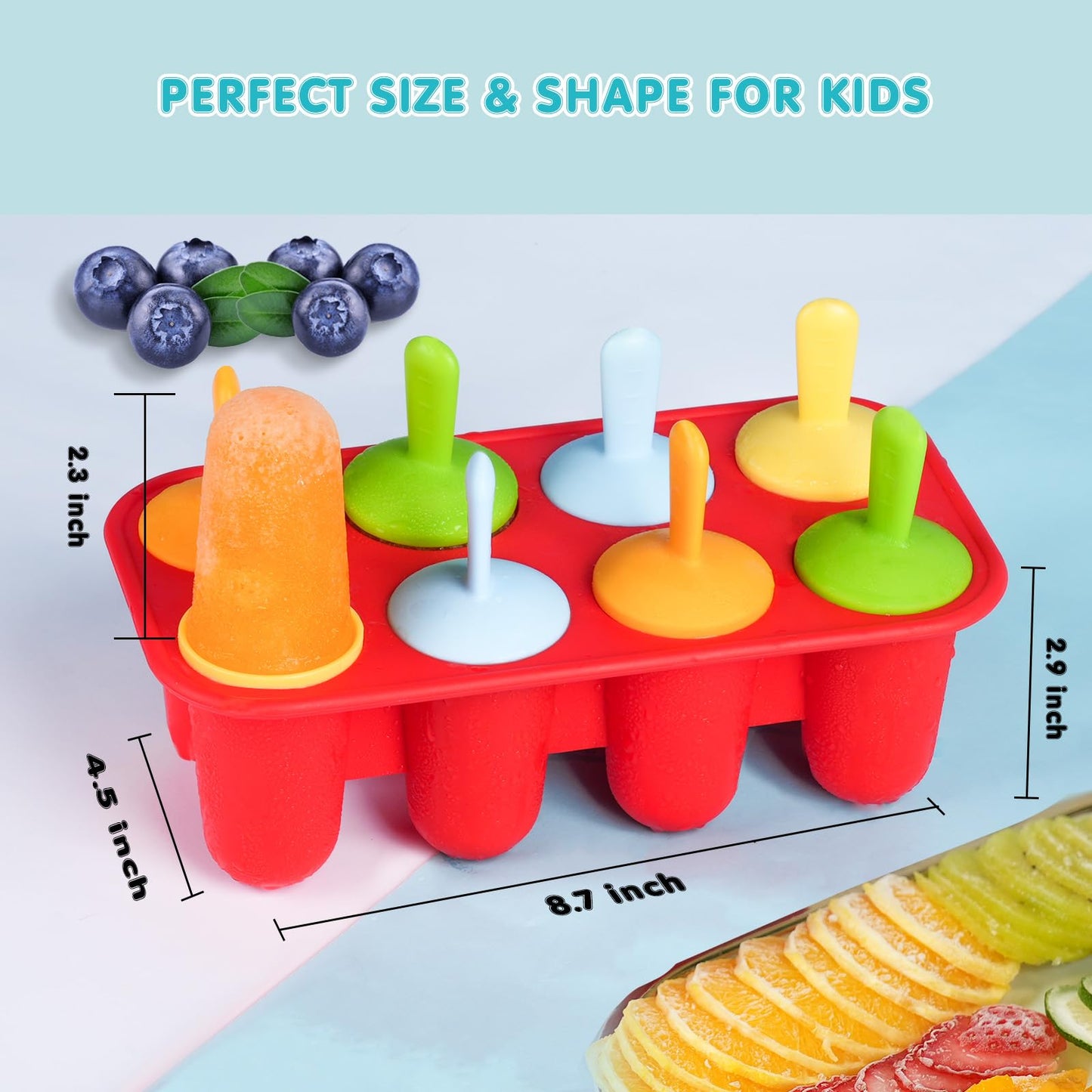 Miaowoof Popsicles Molds, 8-Cavity Silicone Popsicle Molds for Toddlers, Non-BPA Premium Silicone Small Popsicle Molds, Ice Pop Mold with 8 Colorful Reusable Sticks for Kids